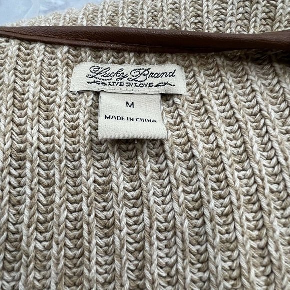 Cardigan Sweater Size Medium M Beige Open Front Faux Leather Trim - Picture 5 of 8